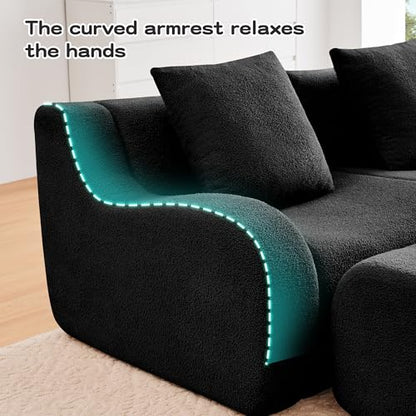 113.5” Sectional Boneless Sofa Couches, 3 Seater L-Shaped, Streamlined Design, No Assembly Modular Teddy Fabric Sofa for Living Room, Bedroom, Apartment, Home Office (Black) - color: Black02, size: 3Seat+1Ottoman