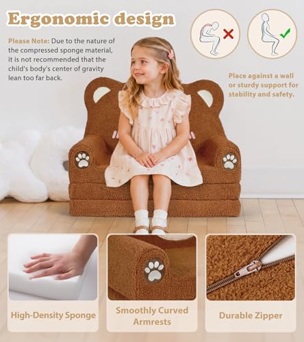 Foryoomi Kids Couch, 2-in-1 Soft Toddler Couch Fold Out with Blanket, Chair Comfy, Foldable Convertible Plush Sofa, Gifts for Kids Girl Boys, Bear - color: Bear