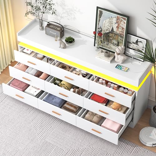 jiteentarou 9 Drawer Dresser with Charging Station and LED Lights, Modern Chest of Drawers with Power Outlet, Organizer Cabinet for Bedroom, Living Room, Entryway, White - color: White, size: 15.7"D x 63"W x 31.5"H (9 Drawers)
