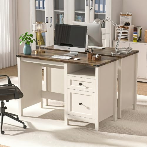 Farmhouse Executive Desk with Charging Station, 45″ Home Office Computer Desk with Drawer & Open Shelf, Writing Desk for Small Space,Antique White - color: Antique White