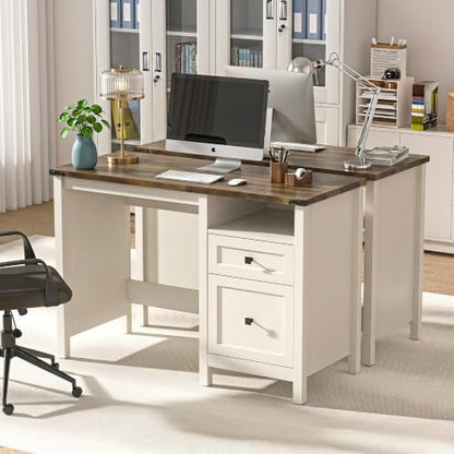 Farmhouse Executive Desk with Charging Station, 45″ Home Office Computer Desk with Drawer & Open Shelf, Writing Desk for Small Space,Antique White - color: Antique White