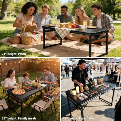 Folding Camping Table, Black Aluminum Frame,3-Position Adjustable Height,Lightweight Carry Handle, Portable for Travel, Camping Outdoor Use, 4FT x 2FT with Hole(Large), Black - size: 4 ft × 2 ft × 2.3 ft H, with Umbrella Hole