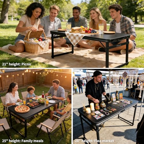 Folding Camping Table, Black Aluminum Frame,3-Position Adjustable Height,Lightweight Carry Handle, Portable for Travel, Camping Outdoor Use, 4FT x 2FT(Large), Black - size: 4 ft x 2 ft × 2.3 ft H