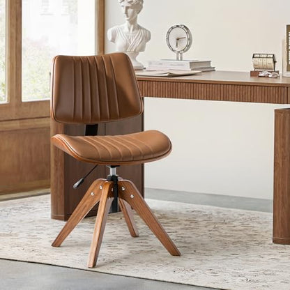 HULALA HOME Faux Leather Home Office Desk Chair No Wheels, Camel | Mid-Century Modern Desk Chair with Wood Legs, 360° Swivel Computer Task Chair with Channel-Tufted Backrest, Height Adjustable - color: Camel