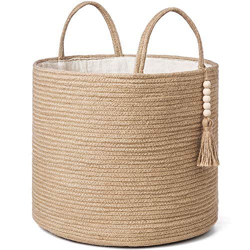 Mkono Woven Storage Basket for Blanket, Toys Plant Organizer, 16"W x 13.8"L | Brown, Jute, Decorative Basket with Handle, Wood Beads Tassel, Shoes Towel Clothes Storage Bin, Living Room Bedroom Nursery - color: Brown, size: 16" W × 13.8"L