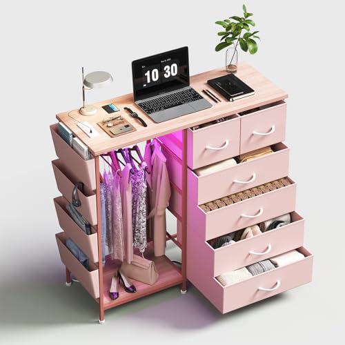 6 Drawer Dresser for Bedroom with Clothes Rack, Clothes Dresser with Side Pockets and Hooks, Charging Station & LED Lights, Wooden Top, Fabric Storage (Pink) - color: Pink