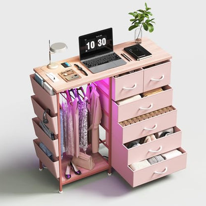6 Drawer Dresser for Bedroom with Clothes Rack, Clothes Dresser with Side Pockets and Hooks, Charging Station & LED Lights, Wooden Top, Fabric Storage (Pink) - color: Pink