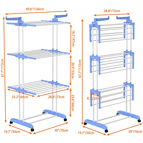 HOMIDEC Clothes Drying Rack, 4-Tier(67.7" H) Foldable Drying Rack Clothing | Foldable Stainless Steel Drying Rack, Movable Laundry Drying Rack with 4 Castors and 14 Hooks for Bed Linen, Clothing, Blue - color: Blue