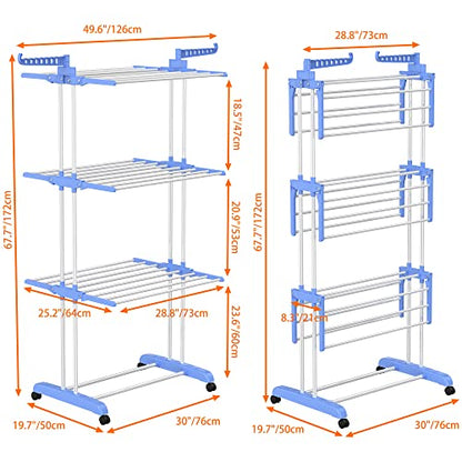 HOMIDEC Clothes Drying Rack, 4-Tier(67.7" H) Foldable Drying Rack Clothing | Foldable Stainless Steel Drying Rack, Movable Laundry Drying Rack with 4 Castors and 14 Hooks for Bed Linen, Clothing, Blue - color: Blue
