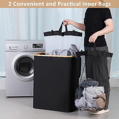IEGrow Laundry Hamper with Lid,150L Laundry Basket with 2 Mesh Bags,Black | Dirty Clothes Hamper Basket with Bamboo Handle for Clothes Towels - color: Black, size: 150L