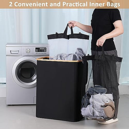 IEGrow Laundry Hamper with Lid,150L Laundry Basket with 2 Mesh Bags,Black | Dirty Clothes Hamper Basket with Bamboo Handle for Clothes Towels - color: Black, size: 150L
