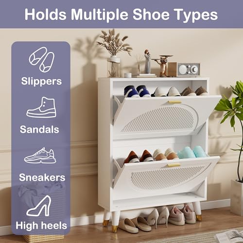 Shoe Cabinet Storage for Entryway: 24" White Slim Shoe Storage Cabinet with 2 Flip Drawers, Narrow Hidden Shoes Storage, Wood Shoes Organizer Cabinets for Hallway (1, 2-Drawers) - size: 2-Drawers