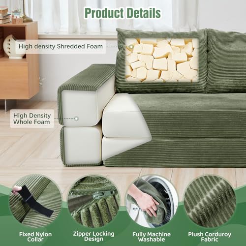 75" Convertible Sofa Bed, Fold Out Couch Bed Futon Sleeper Mattress with Pillows,3-in-1 Foldable Floor Couch Convertible Futon Sofa for Small Spaces - No Assembly Needed Green - color: Green