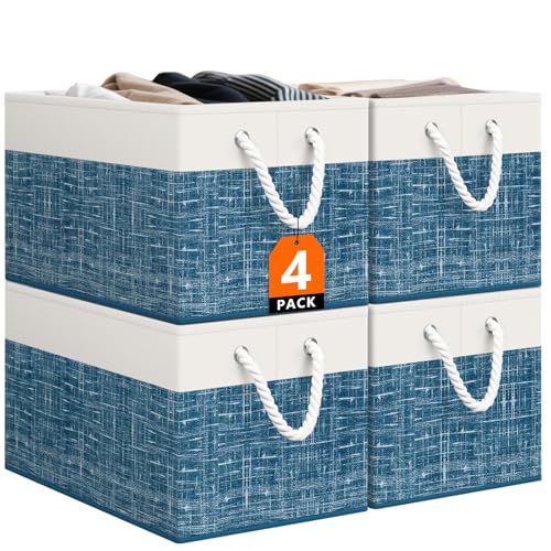 StorageTastic Storage Bin,Collapsible Storage Basket For Organizing, | Large Storage Boxes With Rope Handles,Storage Containers,White & Blue,4 Pack - color: Blue, size: 15" X 10" X 9.5" (4 Pack)