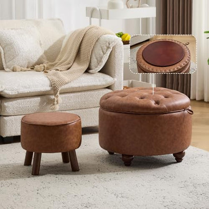 24Inch Round Storage Ottoman, Set of 2, Modern PU Leather Coffee Table with Removable Top, Upholstered Ottoman with Storage Footrest Stool for Living Room, Bedroom (Brown) - color: Brown