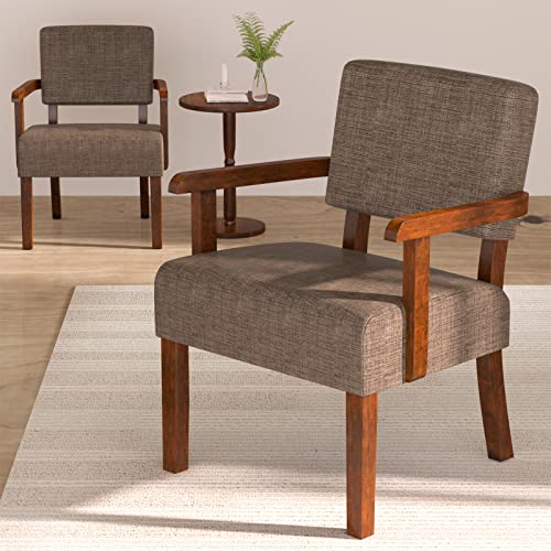 Accent Chairs Set of 2, 2 Solid Wood Armchairs with Side Table | Living Room Chairs with Soft Thicken Cushion, Comfy Reading Chair for Bedroom, Waiting Room, Home Office, Easy Assembly - color: Linen Brown, size: Set of 2 with table