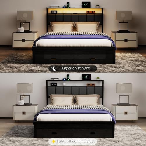 Full Bed Frames with Storage Drawer, Platform Bed with Charging Station and LED Lights, Upholstered Headboard with 2-Tier Storage Shelves, No Box Spring Needed - size: Full, style: Modern
