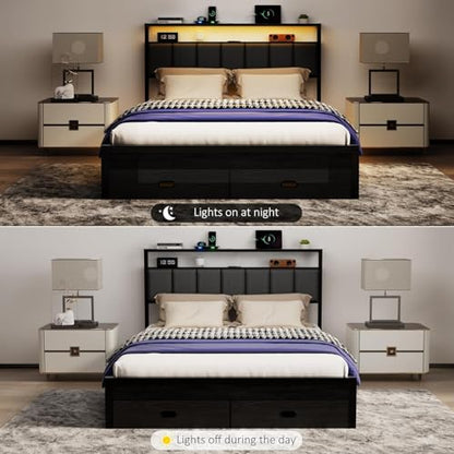 Full Bed Frames with Storage Drawer, Platform Bed with Charging Station and LED Lights, Upholstered Headboard with 2-Tier Storage Shelves, No Box Spring Needed - size: Full, style: Modern
