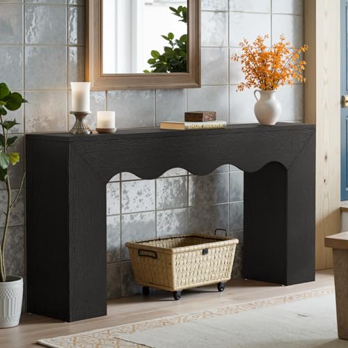 Tribesigns 63" Farmhouse Console Table with Wavy Edge | Wooden Couch Table Behind Sofa with Storage; Long Entryway Sofa Station; Narrow Hallway Stand for Entryway, Living Room - color: Black