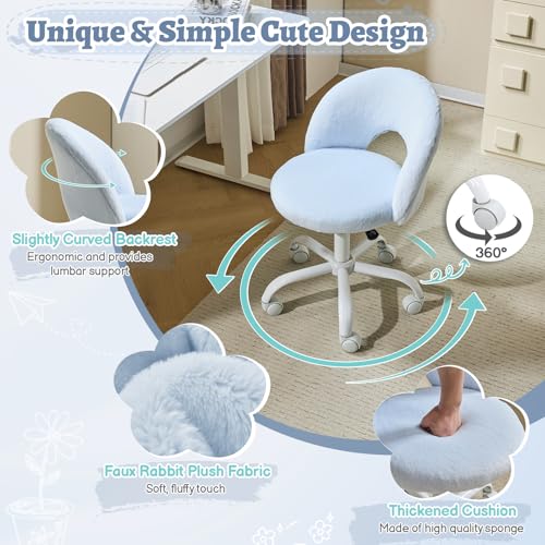 VINGLI Small Vanity Chair with Faux Fur Wheels for Girls,Cute Adjustable Height Armless Office Desk Chair,360°Swivel Comfy Rolling for Study,Make up Room,Small Space,Blue - color: Furry Blue