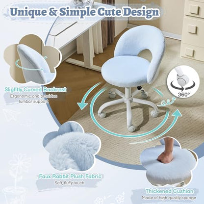 VINGLI Small Vanity Chair with Faux Fur Wheels for Girls,Cute Adjustable Height Armless Office Desk Chair,360°Swivel Comfy Rolling for Study,Make up Room,Small Space,Blue - color: Furry Blue