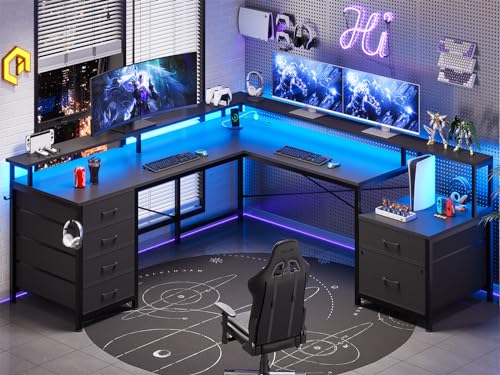 SEDETA L Shaped Computer Desk with 6 Drawer, File Drawer & Power Outlet | 108" Corner Computer Desk with Monitor Shelf, File Cabinet for Home Office/Two Person, Gaming Desk with Led Lights, Black - color: Black