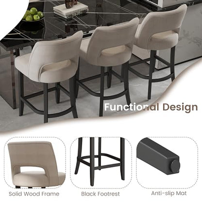 VKNOW Bar Stools Set of 4, 26" Upholstered Counter Height Bar Stools | Modern Counter Stools with Black Rubberwood Legs for Kitchen Island Dining Room Bar, Beige-Black Legs - color: Beige-black Legs, size: Set of 4
