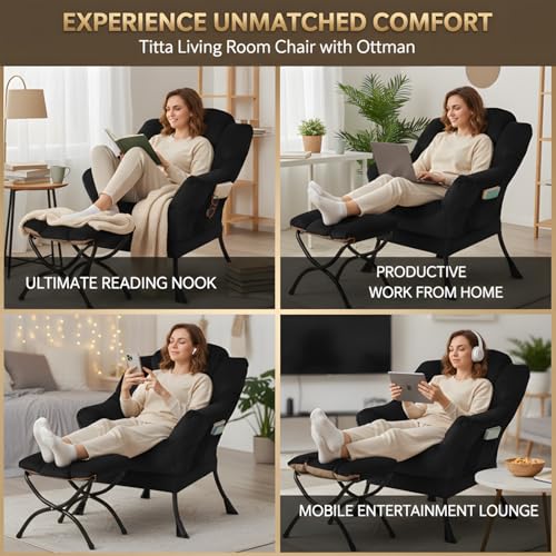 Lazy Chair with Ottoman, Comfy Reading Accent Chair, Velvet Black | Foldable Footrest, Padded Seat and Backrest, Side Pocket for Lounging in Living Rooms, Bedrooms, Dorms and Small Spaces - color: Black