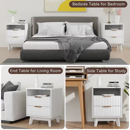 White Nightstand with 2 Drawers, 18" Modern Night Stand with Faux Marble Top, Open Storage Shelf, Fluted Bedside Table for Bedroom, End Table Side Table - color: White Marble