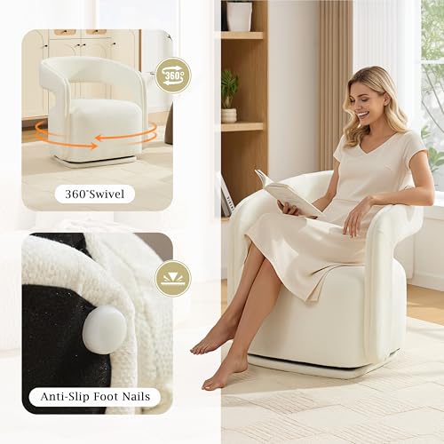 YaFiti Modern Swivel Accent Chair 1 pcs, Round Barrel Armchair, White | Chenille Fabric, 22” Widen Seat, Solid Wood Frame, 250lbs Capacity, Barrel Club Chair, Upholstered Armchair for Living Room - color: White