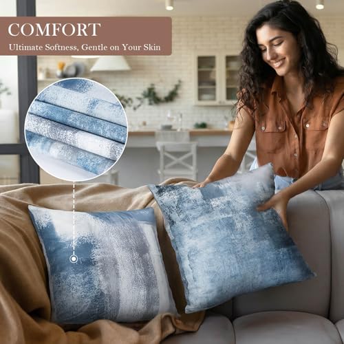 Set of 4 Blue and Grey Abstract Art Artwork Pillow Cover 18 x 18 Inch, Gallery Modern Decorative Throw Pillows Cushion Cover for Bedroom Sofa Living Room | Double-sided vibrant artwork accent cushion covers. Perfect decorative pillows for couch, sofa, bed