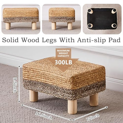 Wimarsbon Natural Seagrass Footstool Ottoman Rectangular Footrest Pouf Ottomans with Wooden Legs Hand Weave Step Stool for Living Room Bedroom Entryway Purple - color: Purple, size: 12"D x 16.5"W x 9.5"H
