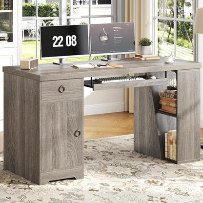 HSH 55" Modern Office Desk, Farmhouse Grey Computer Desk with Keyboard Tray | Wooden Executive Computer Table Teacher Desks with Storage Drawers Shelves and Cabinet for Home Writing Work Study - color: Light Grey Oak