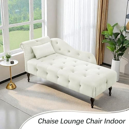 60" Modern Velvet Chaise Lounge Indoor,Upholstered Lounge Chair with Left Armrest and Lumbar Pillow, Button Tufted Lounge Sofa for Living Room Bedroom Office,Mini Chaise Longue Sofa (White) - color: White