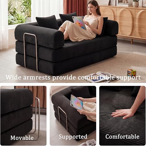 53.15" Boneless Couch,4-in-1 Futon Sofa Bed Modular Loveseat Sleeper Folding Compressed Couch with Pillows,No Assembly Required Convertible Sofa Bed for Living Room Bedroom Guest Room,Black - color: Black, size: 53.15" Loveseat Sofa