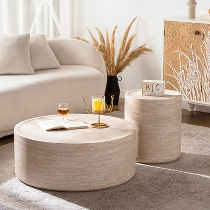 31.5'' Modern Round Drum Coffee Table for Living Room Office, Light Marble Texture, MDF Construction, Living Room Accent Side Table Center Table, No Need Assembly - color: Natural, size: 32in