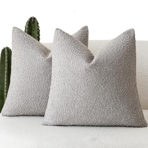 Foindtower Set of 2, Decorative Textured Boucle Throw Pillow Covers Accent Solid Pillow Cases Soft Cozy Couch Cushion Case for Chair Sofa Bedroom Living Room Home Decor 16 x 16 Inch Neutral Grey - color: Cloud Grey, size: 16" x 16" (Pack of 2)