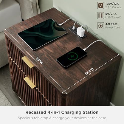T4TREAM 23'' Fluted Nightstand with Charging Station, Modern, Dark Walnut | Large 2 Drawer, Curved Profile, Mid-Century, Bedside Table with Storage, End Table for Living Room, Bedroom, Side Table - color: Dark Walnut
