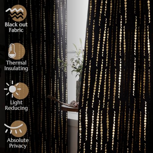 jinchan Boho Blackout Curtains 63 Inch Length Moon Phase Printed Drapes | Gold on Black Farmhouse Curtain for Bedroom Living Room Back Tab Rod Pocket Drapes Room Darkening Window Treatment 2 Panels - color: Luna | Gold on Black, size: 52"W x 63"L (Pack of