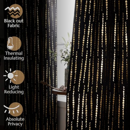 jinchan Boho Blackout Curtains 63 Inch Length Moon Phase Printed Drapes | Gold on Black Farmhouse Curtain for Bedroom Living Room Back Tab Rod Pocket Drapes Room Darkening Window Treatment 2 Panels - color: Luna | Gold on Black, size: 52"W x 63"L (Pack of
