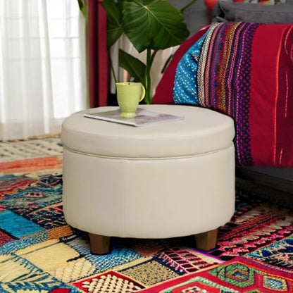 HomePop Round Leatherette Storage Ottoman with Lid, Ivory Large - color: Cream Faux Leather