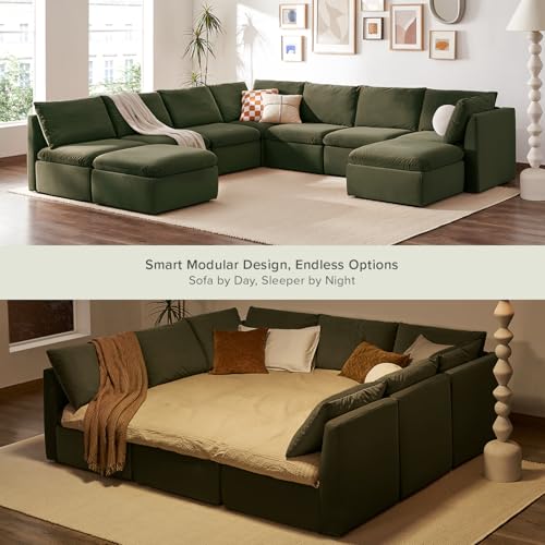 mopio Oversized Modular Sectional Sofa with Fully Removable Covers and Storage, Convertible U, L-Shaped and Sleeper Sectional, Modern Couches with Ottoman Chaise (Olive Green Velvet, 9 Seats, Sleeper) - color: [Gen 2] Olive Green Velvet, size: 9 Seats, Sl
