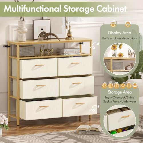 Solid Wood Dresser, Dresser with 6 Drawers, Solid Bamboo Frame Paired with Fabric Storage Boxes, Large Capacity, Stable and Durable, Versatile Style, for Bedrooms, Living Rooms, and Hallways - size: 11.8"D x 39.4"W x 37.8"H (6 Drawers)