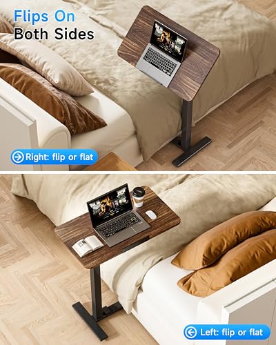 BIZUM Mobile Standing Desk Laptop Desk Pneumatic with Wheels 180° Tilt Top Hospital Bed Table Portable Rolling Cart Foldable Bedside Table for Hospital&Home Use, Walnut - color: Walnut