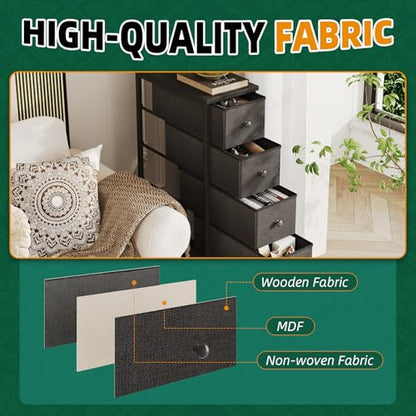 Narrow Dresser, 19" Wide Narrow Nightstand Dresser Storage Tower with 5 Drawers, Slim Fabric Dressers Chest of Drawers for Small Spaces, Wood Top & Fabric Bins for Bedroom Bathroom Closet (Black) - color: Black