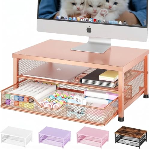 Computer Monitor Stand Riser, Desk Organizer with Drawer, Printer & Laptop Stand, Office Desk Accessories & Workspace Desktop Organizers Storage for Office Supplies(Rose Gold) - color: Rose Gold
