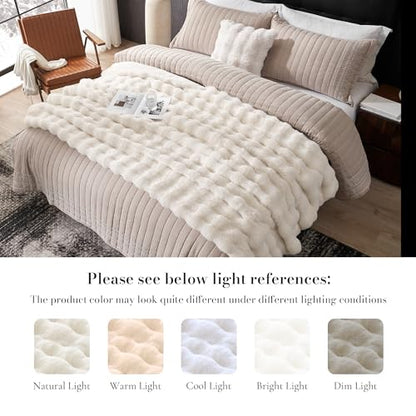 Faux Fur Throw Blanket, Ultra Soft Fuzzy Plush Bubble Blanket for Couch, Bed & Living Room, 60"x80", Cream White - color: Cream White, size: 60" x 80"