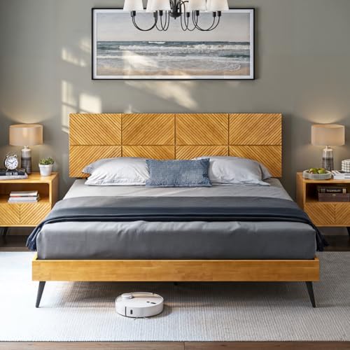 Bme Rhombus King Bed Frame – Solid Rubber Wood with Geometric Rhombus Headboard, Teak Brown Finish, Scandinavian Modern Platform Bed with Sturdy Slats & Metal Legs, No Box Spring Needed - color: Teak Brown, size: King, style: Scandinavian