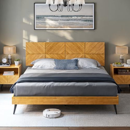Bme Rhombus King Bed Frame – Solid Rubber Wood with Geometric Rhombus Headboard, Teak Brown Finish, Scandinavian Modern Platform Bed with Sturdy Slats & Metal Legs, No Box Spring Needed - color: Teak Brown, size: King, style: Scandinavian