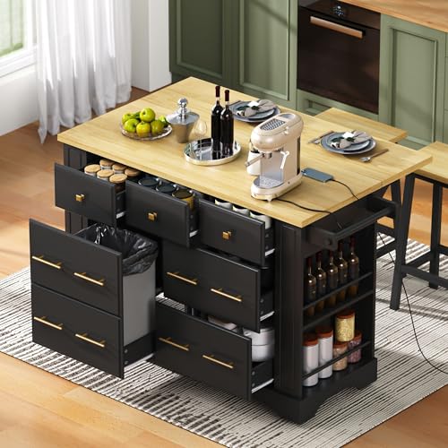 Charging Kitchen Island with 6 Drawers & Drop Leaf, Mobile Cabinet w/Trash Bin Compartment (Not Included), Rustic Wood Cart for Small Spaces (Black/D6) - color: Black/D6)